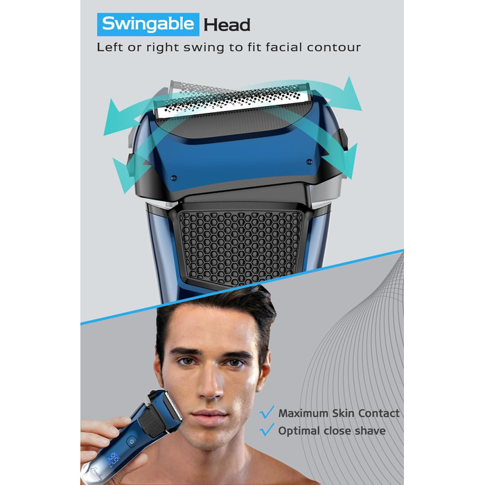 Електрична бритва чоловіча з 3 гнучкими лезами та тримером, синя. Бритва для вологого та сухого гоління, з кейсом для подорожей, акумуляторна, 120 хв роботи. Подарунок для чоловіків