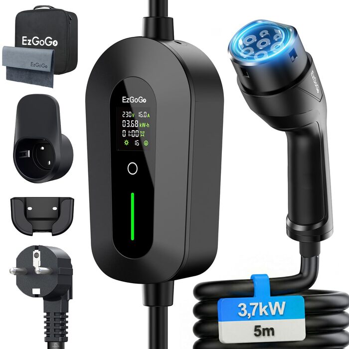 Кабель для зарядки електромобіля EzGoGo Typ 2 Schuko 3.68 кВт, 10 м, 1 фаза, 6-16A, LCD-дисплей, IP65, для всіх електрокарів та PHEV (IEC 62196-2)