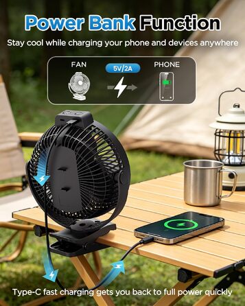 Кліпса-вентилятор EasyAcc 10000mAh з Powerbank: кемпінговий вентилятор 20см, 5 швидкостей, LED-дисплей, 360° гачок для коляски, гроубоксу та кемпінгу, чорний