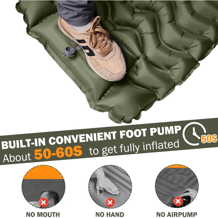 Надувний матрац Isomatte 12 см з насосом та подушкою, армійсько-зелений, для кемпінгу, туризму, пляжу