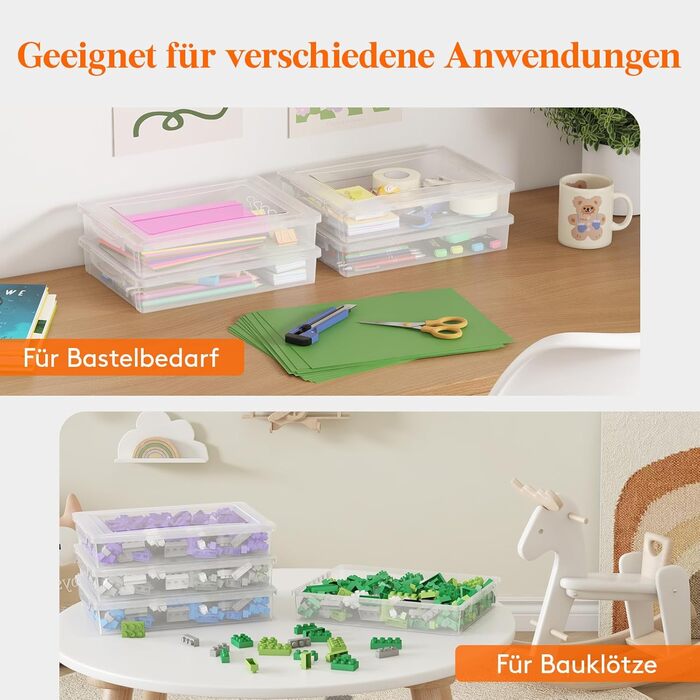 Lifewit 4 Pack 5L Storage Boxes with Lids, Plastic Boxes with Clip Closures, A4 Document Boxes, Transparent Organizers, Multi-Purpose Boxes for Crafts, Paper, Art Supplies, Building Blocks, Tools