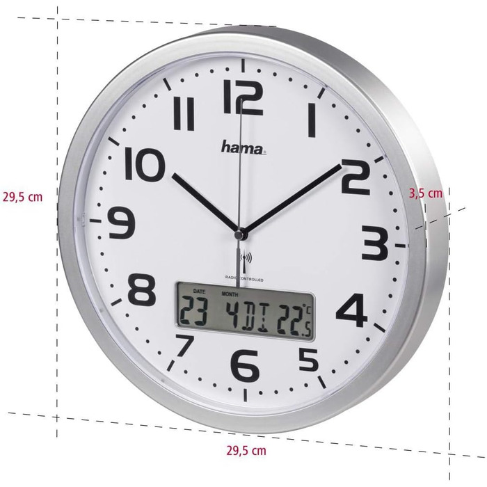 Hama Digital Radio Wall Clock (large radio clock with analog time display, wall clock with digital calendar and temperature display, incl. battery) Silver