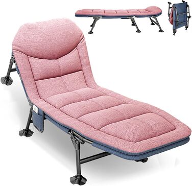 Розкладне ліжко для кемпінгу XXL - широке кемпінгове ліжко, легке, регульована спинка, для відпочинку на природі та вдома (рожеве)
