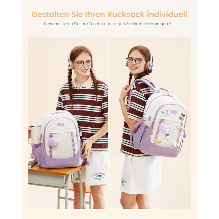 Шкільний рюкзак LOVEVOOK для дівчаток-підлітків, 15.6 дюймів, з відділенням для ноутбука, легкий, з помпоном, для школи, середньої школи, світло-жовтогарячий (15.6 дюймів, Y-бежевий світло-фіолетовий)