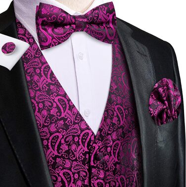 Комплект чоловічого жилета Hi-Tie: однотонний оксамит Paisley, краватка, метелик, нагрудна хустка, запонки, бутоньєрка, для смокінга та бізнесу (3XL, яскраво-рожевий)