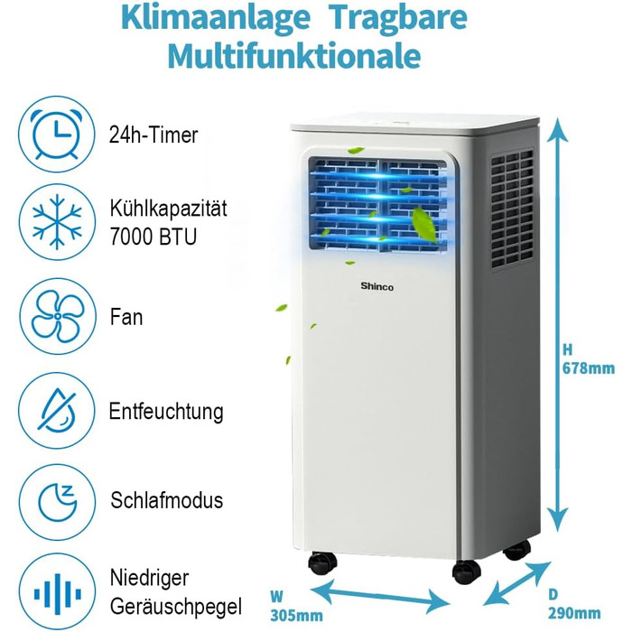 Мобільний кондиціонер SHINCO 3,5kW з випускним шлангом, охолодження/вентиляція/зневожування, для приміщень до 90 м³, білий (7000BTU-M)