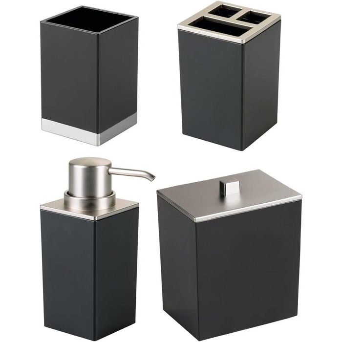 mDesign Plastic Bathroom Storage Jars, Vanity Decor Accessories, Countertop Organizer, Soap Dispenser, Toothbrush Holder, Lumiere Collection, 4-Piece Set – Black/Brushed
