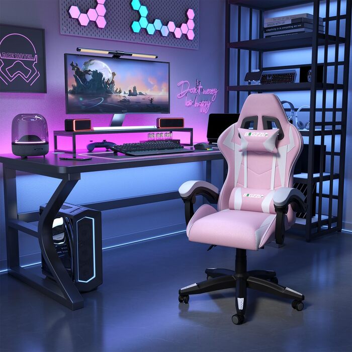 Ігрове крісло Bigzzia Gaming з підігрівом та регулюванням спинки 90-135°, рожеве