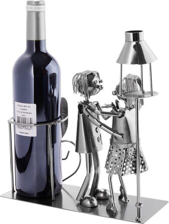 BRUBAKER Wine Bottle Holder, Loving Couple with Lantern for Tealight - Metal Sculpture Bottle Stand - 26.5 cm - Wine Gift for Couples, Pair Gift - with Greeting Card
