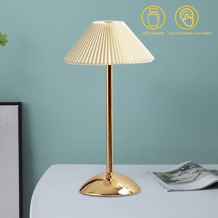Світлодіодна настільна лампа Starnearby бездротова, з сенсорним димером, акумуляторна, 3 режими освітлення, вінтажний плетений металевий дизайн, для спальні, офісу, тумбочки (Бежева + Золота основа)