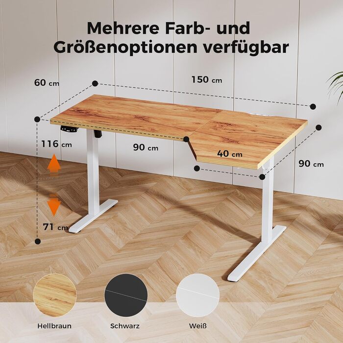 Електричний столик для роботи Agilestic L-подібної форми 150 см, регульована висота, для дому та офісу, ергономічний, зі з'єднуваною панеллю, світло-коричневий (150 x 90 см)