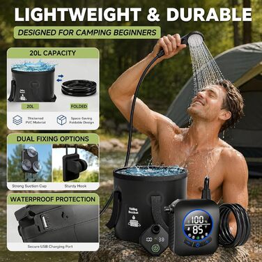 Camping Dusche 2026: Портативний душ для кемпінгу з акумулятором, 6000mAh, 3 режими, 5 галонів, складаний водостік для подорожей та походів