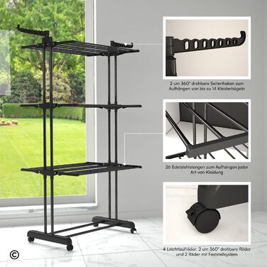 Сушарка для білизни VertiSlim складана, вежа з 4 рівнями, нержавіюча сталь, на колесах, чорна - для дому та вулиці