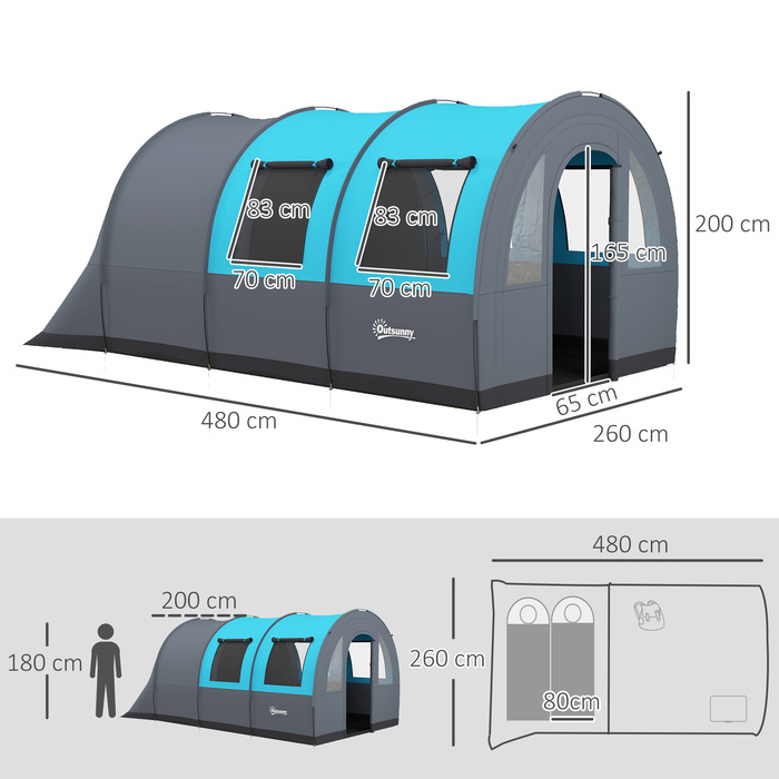 Намет Outsunny Tunnelzelt Campingzelt для 6 осіб з 2 кімнатами та гачками для ліхтариків, груповий намет з сумкою для перенесення, водовідштовхування 3000 мм, сімейний намет сірого кольору