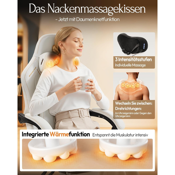 Ігровий крісло Dowinx з масажем, ергономічний дизайн, підтримка попереку та шиї, до 135 кг, шкіра, для дорослих (білий)