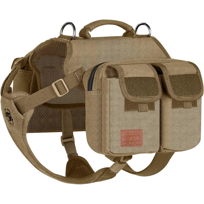 Шлейка для собак OneTigris з рюкзаком, Hoppy Caper 3.0, для середніх/великих собак, рюкзак для собак з 2 основними та 4 додатковими кишенями - Зелений (M, Коричневий)