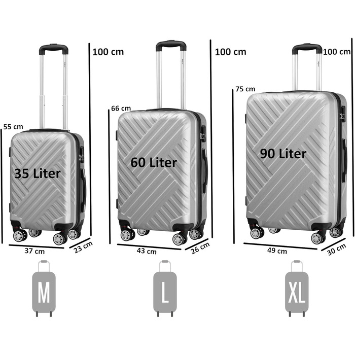 Набір валіз Zelsius 3 шт. сірий колір | ABS валізи з кодовим замком, подвійними колесами та внутрішнім роздільником | Ручна валіза, набір валіз з твердим корпусом 3 шт., ролер, велика валіза, дорожній набір