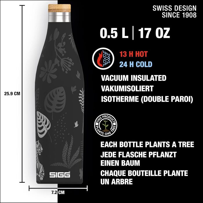 SIGG - Insulated Drinking Bottle - Meridian - Leak-proof - Extra slim - BPA-free - Plastic-free - Double-walled 18/8 stainless steel - Bamboo screw cap - 0.5L / 0.7L (Sumatra Tiger, Sumatra 0.5 L)