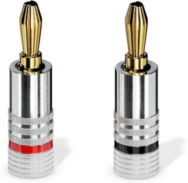 Бананові конектори Sonero® для акустичних кабелів до 6 мм², 4 шт. з кольоровим кодуванням (12x червоний, 12x чорний), 24K позолота (8 шт., High-End, Single)