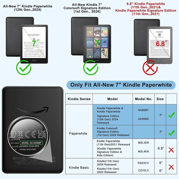 Чохол для Kindle Paperwhite 7' та Kindle Colorsoft Signature Edition (2024/2025), легкий, водонепроникний, з магнітною застібкою (чорний)