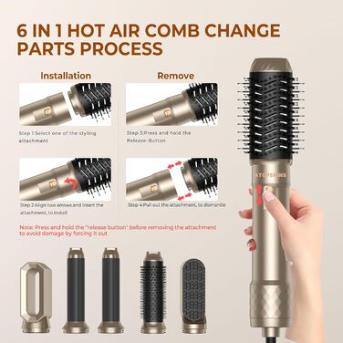 Airstyler Atopskins 6 в 1: комплект для укладки волосся з іонізацією, фен-щітка, локони, об'єм, сушка, випрямлення (золотий/чорний)