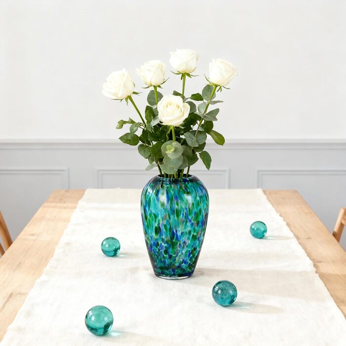 Скляна ваза блакитно-зеленого кольору 22,9 см, ручної роботи, сучасний дизайн, широке горло, для квітів та декору, ідеальна для вітальні, кухні, весілля, офісу