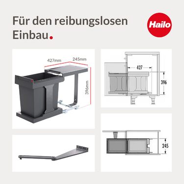 Hailo Solo Automatic Waste Bin - 20 Liter, Anthracit - Cabinet Mount, Drawer Pull-Out Waste Container