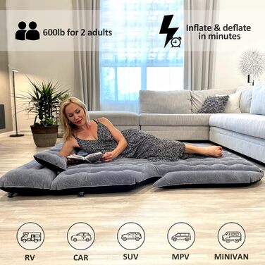 Automatic Inflatable Air Mattress for SUV - Flocked Surface, 2-Pillow Air Bed for Car Trunk, Travel, Camping & Home Use (Light Gray, 185x140x16 cm)
