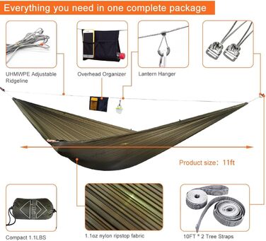 onewind Long Ultra-Light Camping Hammock for Backpackers, Portable, Compact, Ideal for Hiking, Camping, Travel (Od Green - with Ultra-Light Tree Straps, 335cm * 140cm)