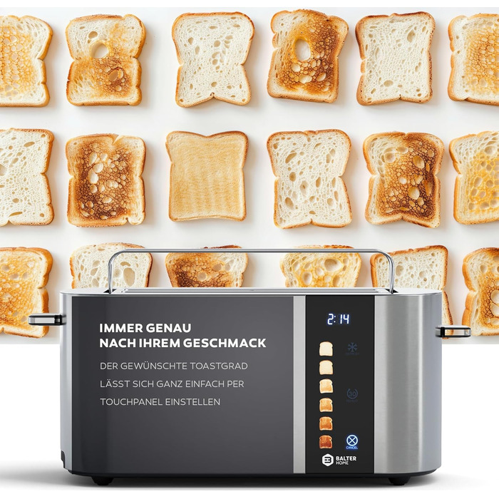 Тостер Balter 4-х секційний з сенсорним керуванням, нержавіюча сталь, підігрівач для бургерів, LCD дисплей, функція підігріву та центрування тостів