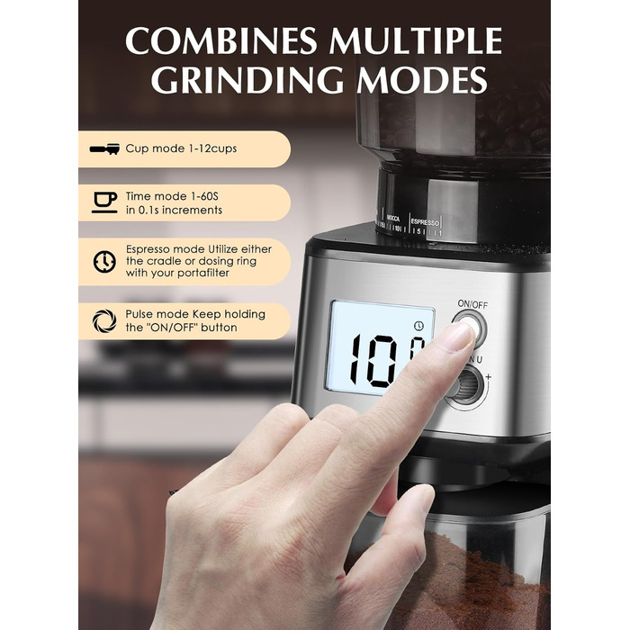 Електрична кавомолка Homtone для еспресо та френч-прес, 51 ступінь помолу, нержавіюча сталь, LCD-дисплей, 165W