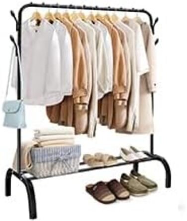 Стійка для одягу на підлозі, чорна, з полицею для взуття та нижньою полицею, металева, для спальні