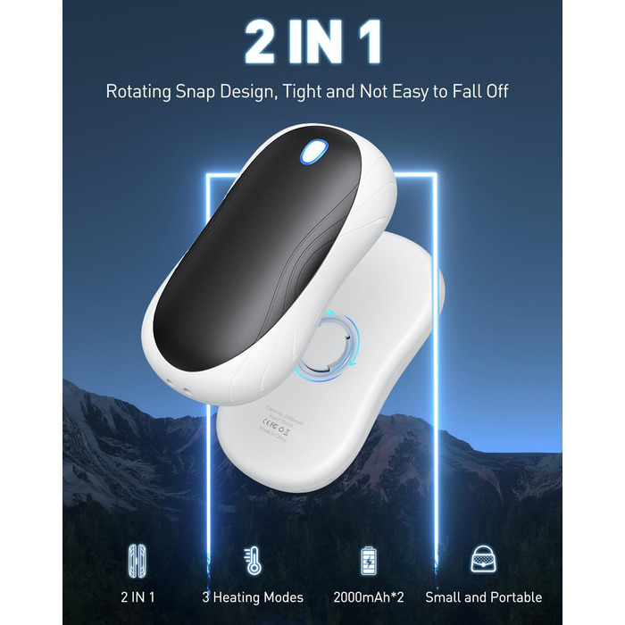 Електричні грілки для рук Cnkeeo 2 шт. з роздільним магнітним з'єднанням, Powerbank USB, 3 режими нагріву, для активного відпочинку, риболовлі, полювання, чорно-білі