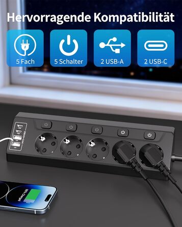 Мережевий фільтр 5-фазний з USB та LED, чорний - для дому, кухні, офісу