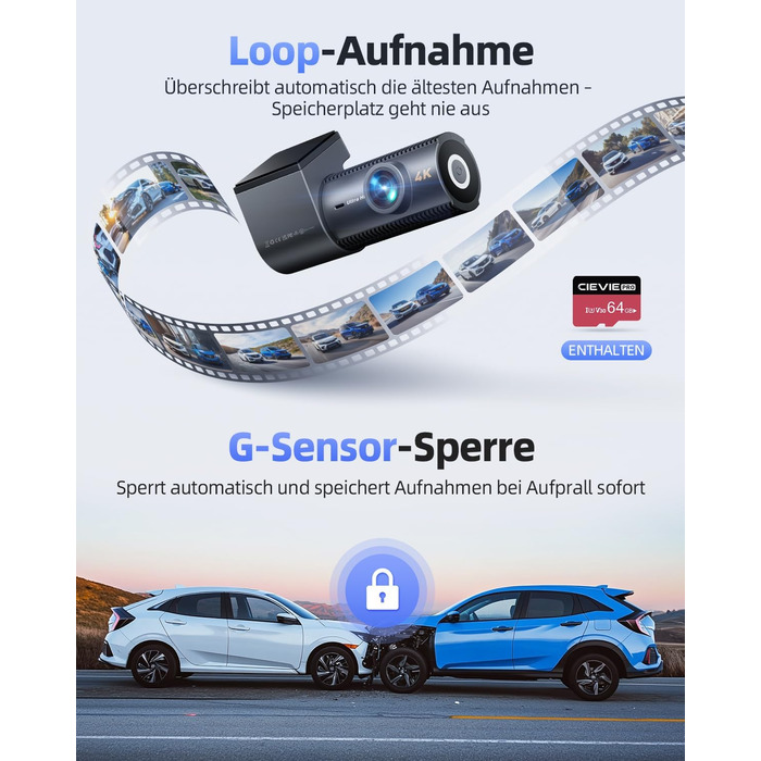 CIEVIE Автомобільна відеореєстратор 4K з GPS, WiFi, Dual, IPS 1.5″, 64GB SD, 170° та G-Sensor, WDR, Нічне бачення, Loop-запис, підтримка до 256GB