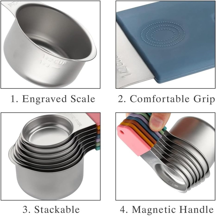 16-Piece Stainless Steel Measuring Cup and Spoon Set, 7 Sturdy Cups, 8 Double-Sided Spoons with Leveler, Multicolored