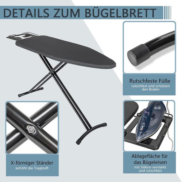 Відкидна прасувальна дошка з підставкою для праски, регульована по висоті, з неслизькими ніжками, компактна, чорна (122 x 38 см)