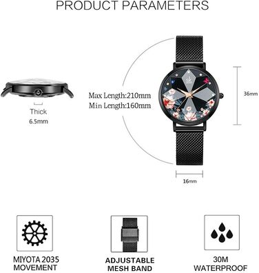 Жіночий наручний годинник SHENGKE Luxury: елеганткий дизайн, сталевий плетений ремінець (Flower-mesh, чорний)