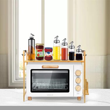 Поличка для мікрохвильової печі 3-рівнева, органайзер з гачками, розширювана, висувна (40-64см), з вуглецевої сталі (2 яруси, бамбук, 55x35x42см)