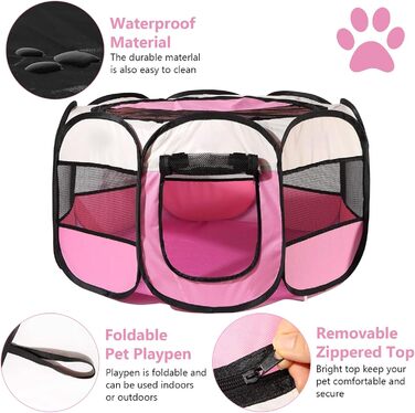 Клітка-загон для собак та котів 73x73x43 см, рожева, портативна, для внутрішнього та зовнішнього використання