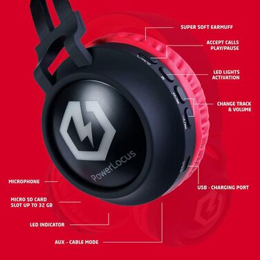 Дитячі навушники PowerLocus Bluetooth Over-Ear з обмеженням гучності 85dB, LED-підсвічуванням, складні, HD Stereo, з мікрофоном для телефону, планшета, ПК, TV (Червоний)