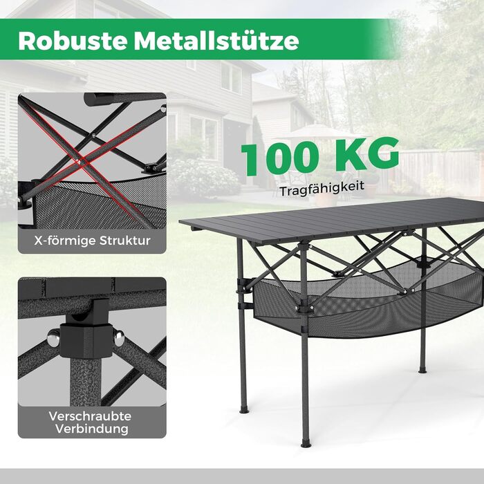 Складний кемпінговий стіл COSTWAY 119x55 см з алюмінієвою стільницею та сітчастою корзиною, до 100 кг, з сумкою для перенесення, для кемпінгу, саду (Чорний)