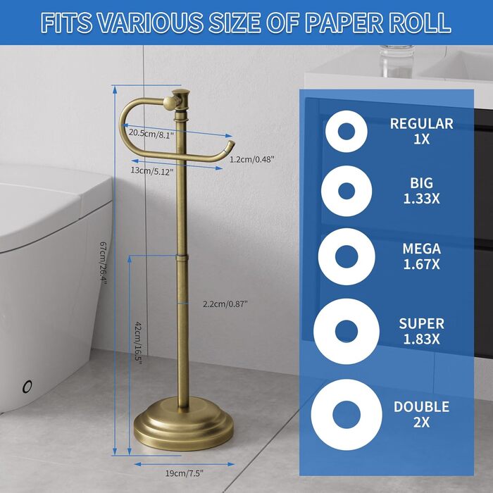 Тримач туалетного паперу на підлогу RUMOSE, античне латунь, регульований (31,5-57,9 см), з полицею для зберігання, нержавіюча сталь