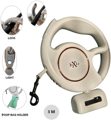 Леєчка для собак з LED-підсвічуванням, 3м, тримач для відходів, світловідбивачі, білий/рожевий, до 10кг