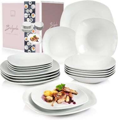 SÄNGER | Bilgola White Tableware Set, 18-Piece Dinnerware Set for 6 People with Soup, Dessert, & Flat Plates Made of Porcelain | PREMIUM COLLECTION Tableware Set 18 pcs