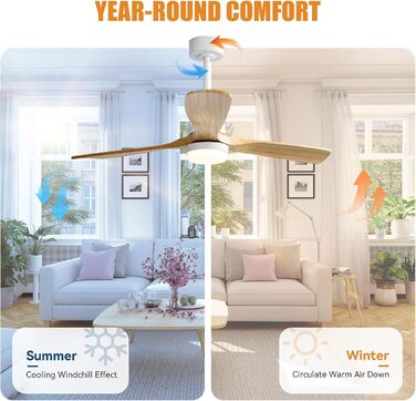 Стеляний вентилятор Sofucor з дистанційним керуванням, дерев'яний вентилятор з 3 лопатями, 132 см, тихий, 6 швидкостей, таймер, DC двигун, режим літо/зима для спальні (з підвісом та кріпленням, натуральне дерево)