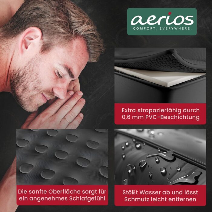 Надувне ліжко Aerios для 2 осіб з самонадувною системою | Преміум гостьове ліжко без кабелю живлення з інтегрованим USB-C насосом | Надувне ліжко, вибір розміру (Чорний, двоспальне)