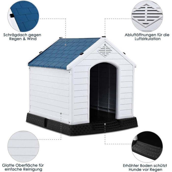 Будка для собак COSTWAY, пластикова хатинка для собак з піднятим дном та водонепроникним дахом, хатинка для домашніх тварин, для саду, приміщень та вулиці, блакитно-біла (70x65x71,5 см)