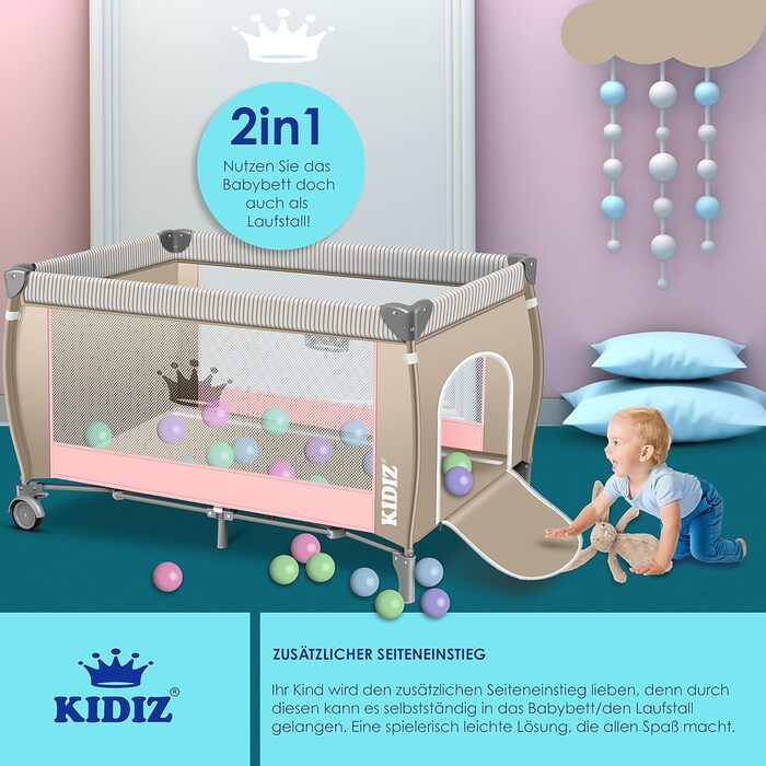 KIDIZ® 3-in-1 Baby Cot Travel Bed Combo Set Baby Bed with Changing Pad, Mosquito Net, Playard, from Birth up to 15 kg, Airy Side Walls with Side Entrance, Carry Bag, Foldable, Pink/Beige Pink / Beige