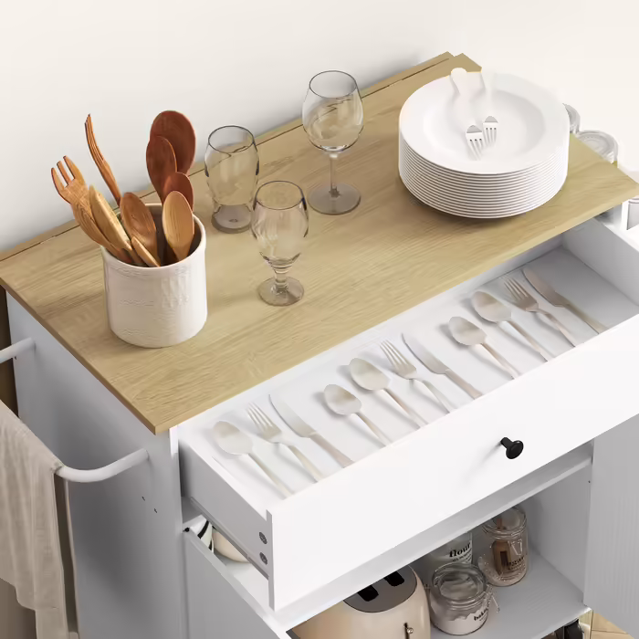 HOMCOM Kitchen Island Rolling Cart with Folding Worktop, Drawer, Kitchen Cabinet on Wheels with Shelf, Towel Rail, Spice Rack, Serving Cart White | Aosom
